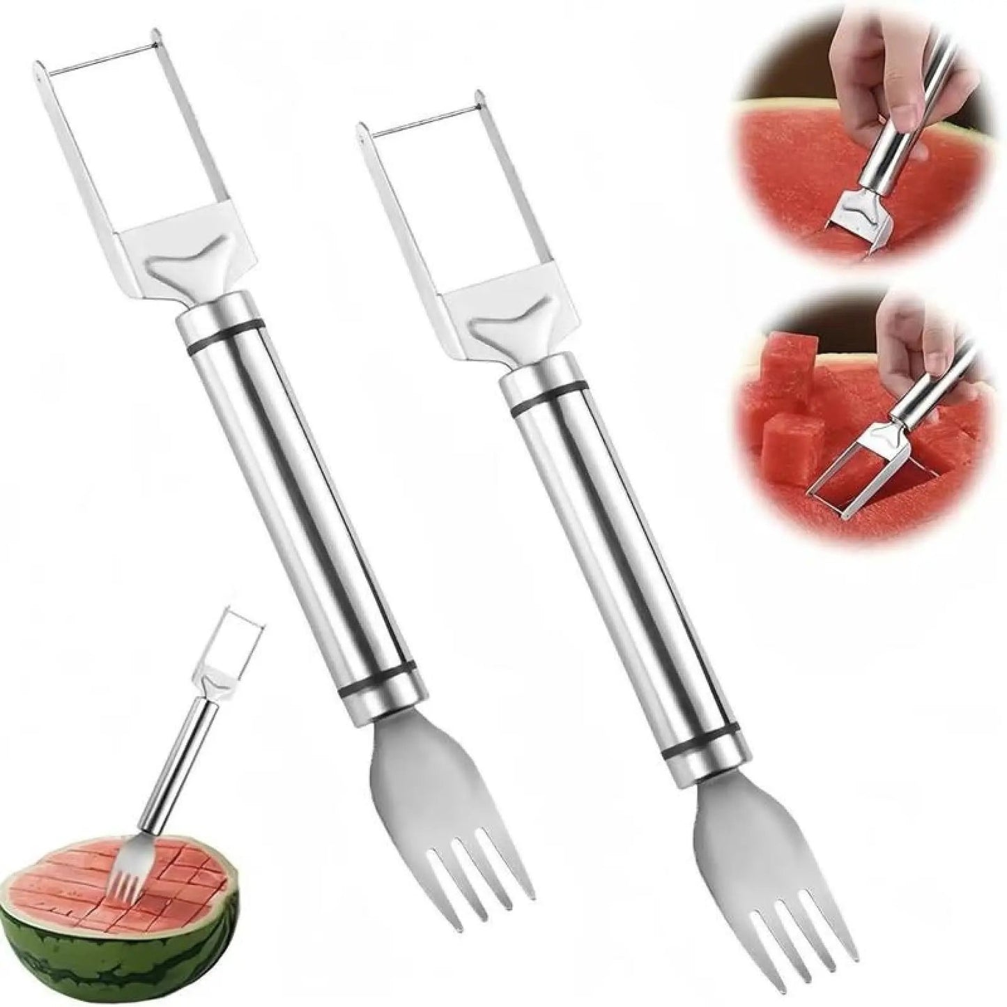 Watermelon Fork Slicer Cutter Slicer Tool,2-In-1 Stainless Steel Fruit Cutter, Dual Head Fruit Forks Slicer Knife with round Handle Fruit Cutting Kitchen Utensils