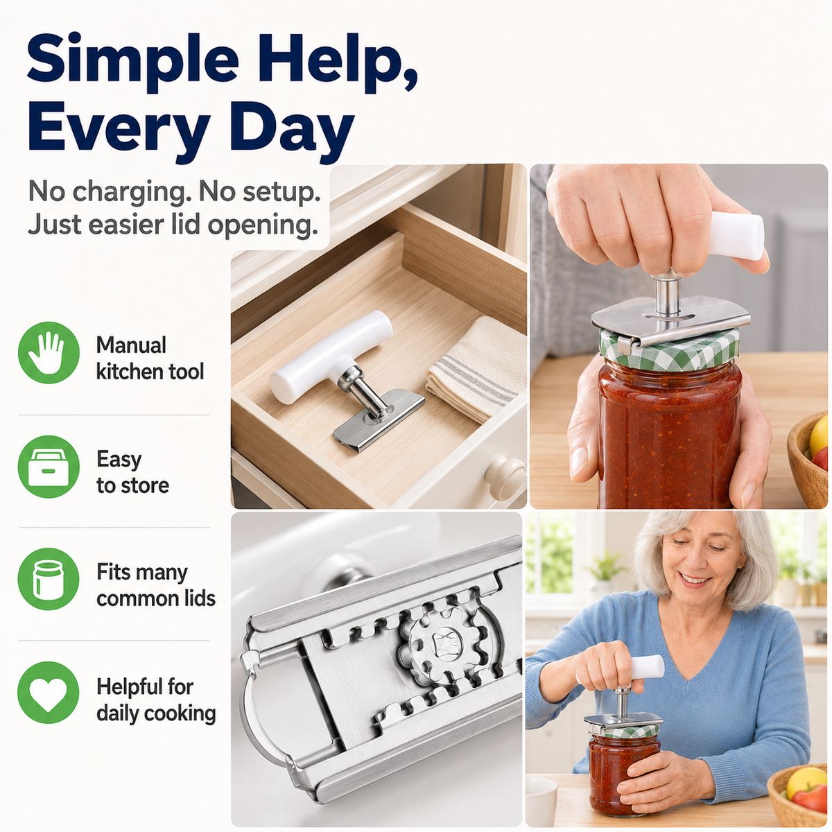for Seniors with Arthritis, Bottle Opener for Weak Hands, Kitchen Gadget With Lid Opener Tool, Adjustable Grip Stainless Steel for Opening, Fits 1-4 Inch