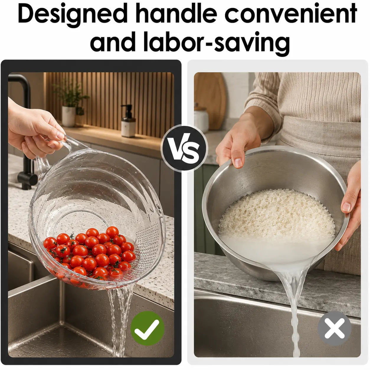 Multi-Functional Rice Strainer with Handle, BPA-Free Kitchen Colander
