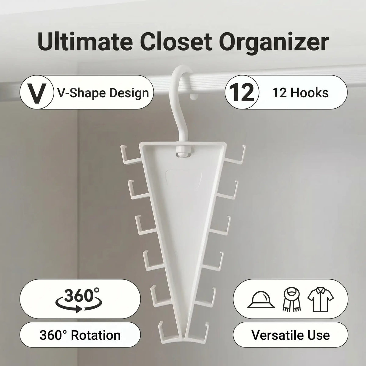 ✨ Buy More Save More  V-Shaped 12-Hook Closet Organizer – 🔄360° Rotation · Space-Saving 😍