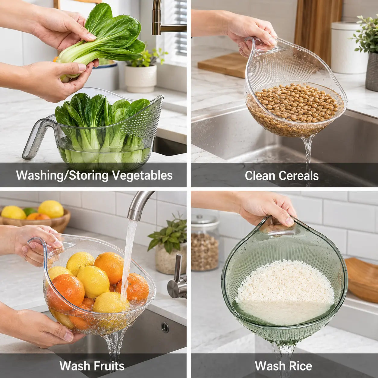Multi-Functional Rice Strainer with Handle, BPA-Free Kitchen Colander