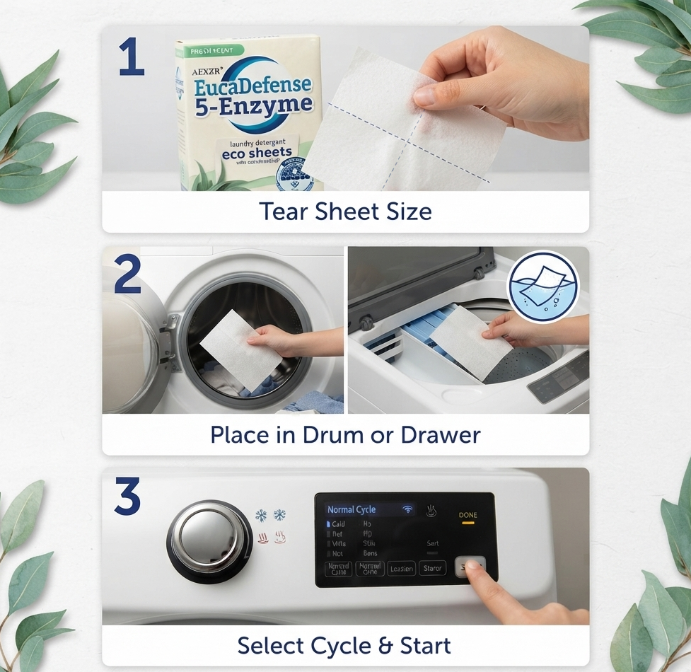 AEXZR® EucaDefense 5-Enzyme Laundry Sheets
