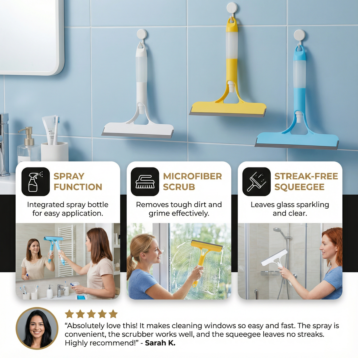 ⭐ZAVELY™ 3-in-1 Multifunctional Glass Cleaning Rod💧-Spray, Wipe & Squeegee for Streak-Free ShineFree Windows & Mirrors! 😊