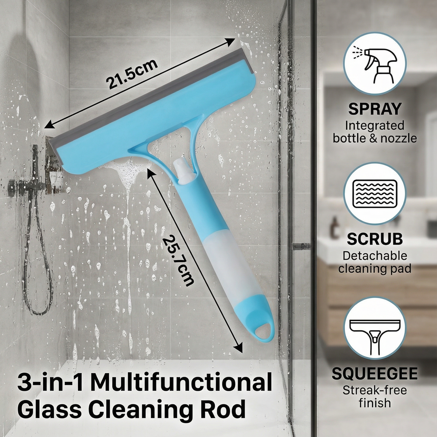 ⭐ZAVELY™ 3-in-1 Multifunctional Glass Cleaning Rod💧-Spray, Wipe & Squeegee for Streak-Free ShineFree Windows & Mirrors! 😊