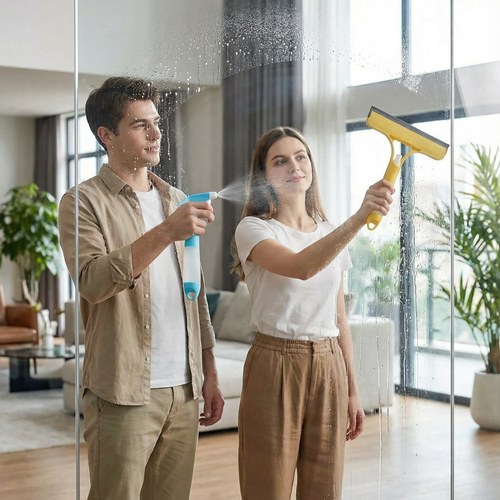 ⭐ZAVELY™ 3-in-1 Multifunctional Glass Cleaning Rod💧-Spray, Wipe & Squeegee for Streak-Free ShineFree Windows & Mirrors! 😊